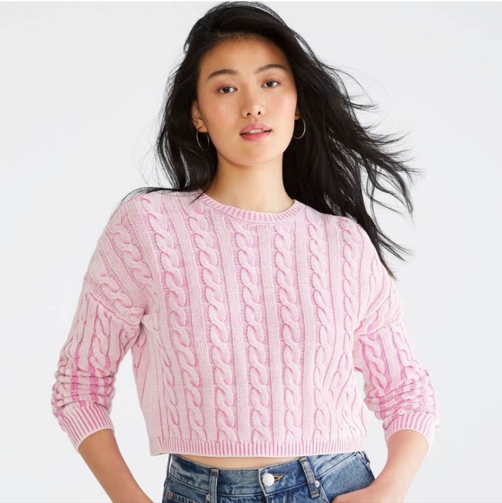 🩷 Pink Cable-Knit Cropped Crew Sweater from Aeropostale